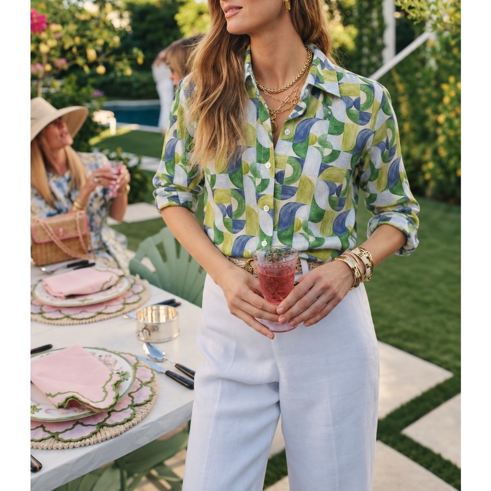 J.McLaughlin Button down Printed Cotton Top Green Small Preppy